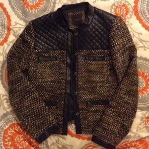 Boucle and faux leather jacket