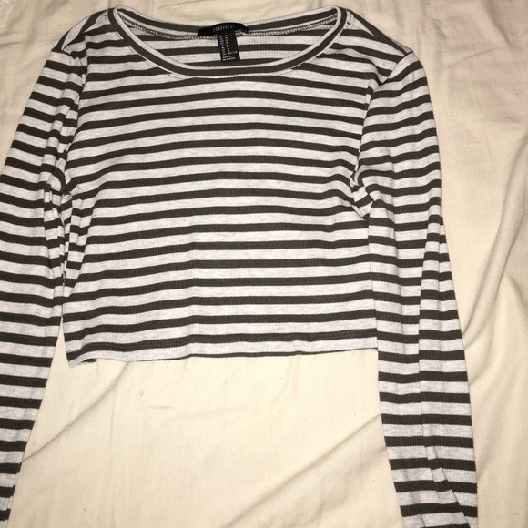 Olive and cream striped long sleeve crop top
