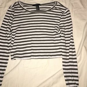 Olive and cream striped long sleeve crop top