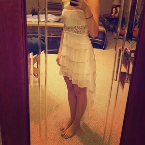 Strapless, white, high-low homecoming dress. Small