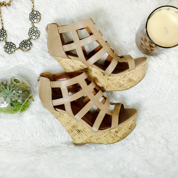 Tan Caged Cork Wedges