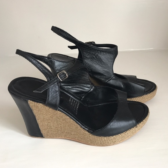 Shoes - Leather black platform wedge sandals size 7.5