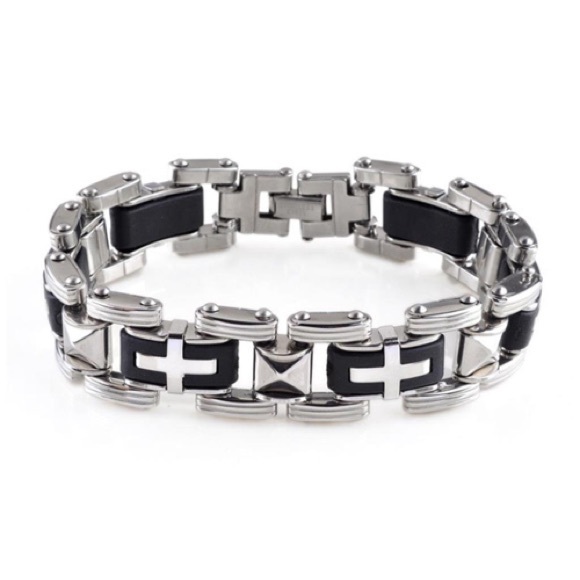 Stainless Steel Cross Bracelet Rubber Accent