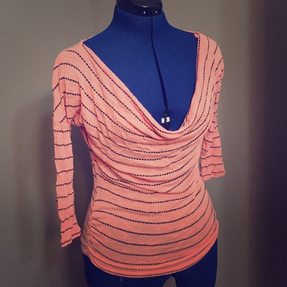 Peach, Striped, 3/4-sleeve Top