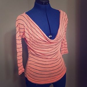 Peach, Striped, 3/4-sleeve Top