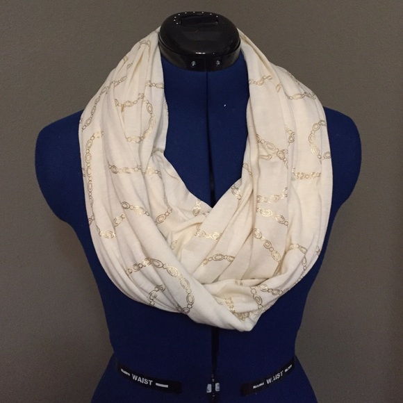 Cream Infinity Scarf with a Gold Pattern