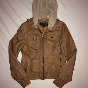 Faux Leather Jacket with Knit Hood