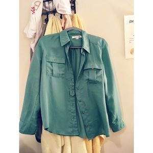Teal button up women's blouse