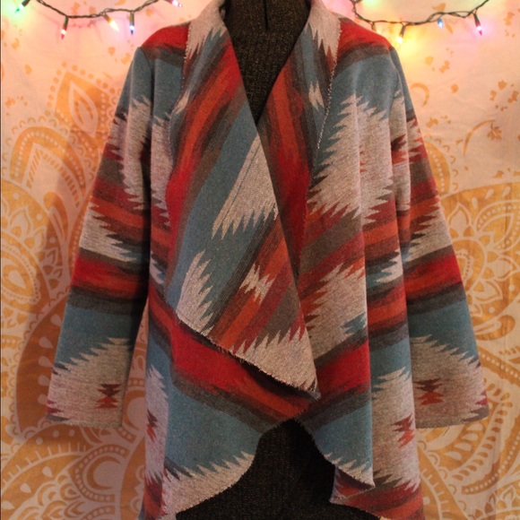 Aztec print open cardigan, warm wool-blend