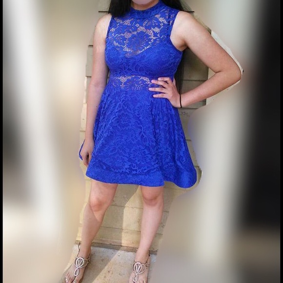 A Royal blue two piece dress see through lace