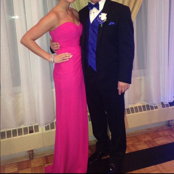 Long hot pink La Femme prom dress