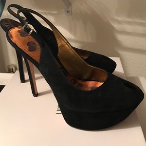 Sam Edelman platform peeptoe heels. Black suede