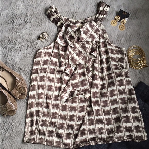 Off white and brown front ruffle tank