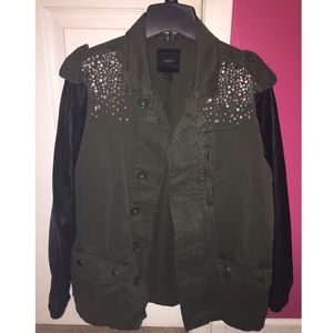 FOREVER21 Army Jacket w Leather Sleeves & Gems
