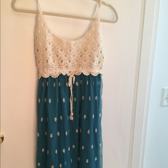 Sundress teal skirt with cream crocheted bodice.