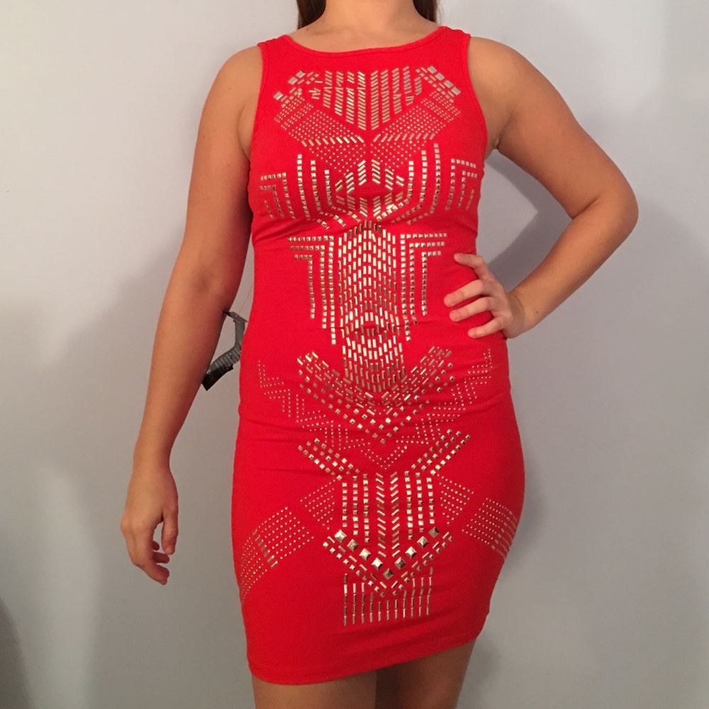 Bebe Keyhole Back Stud Detail Dress (Red)