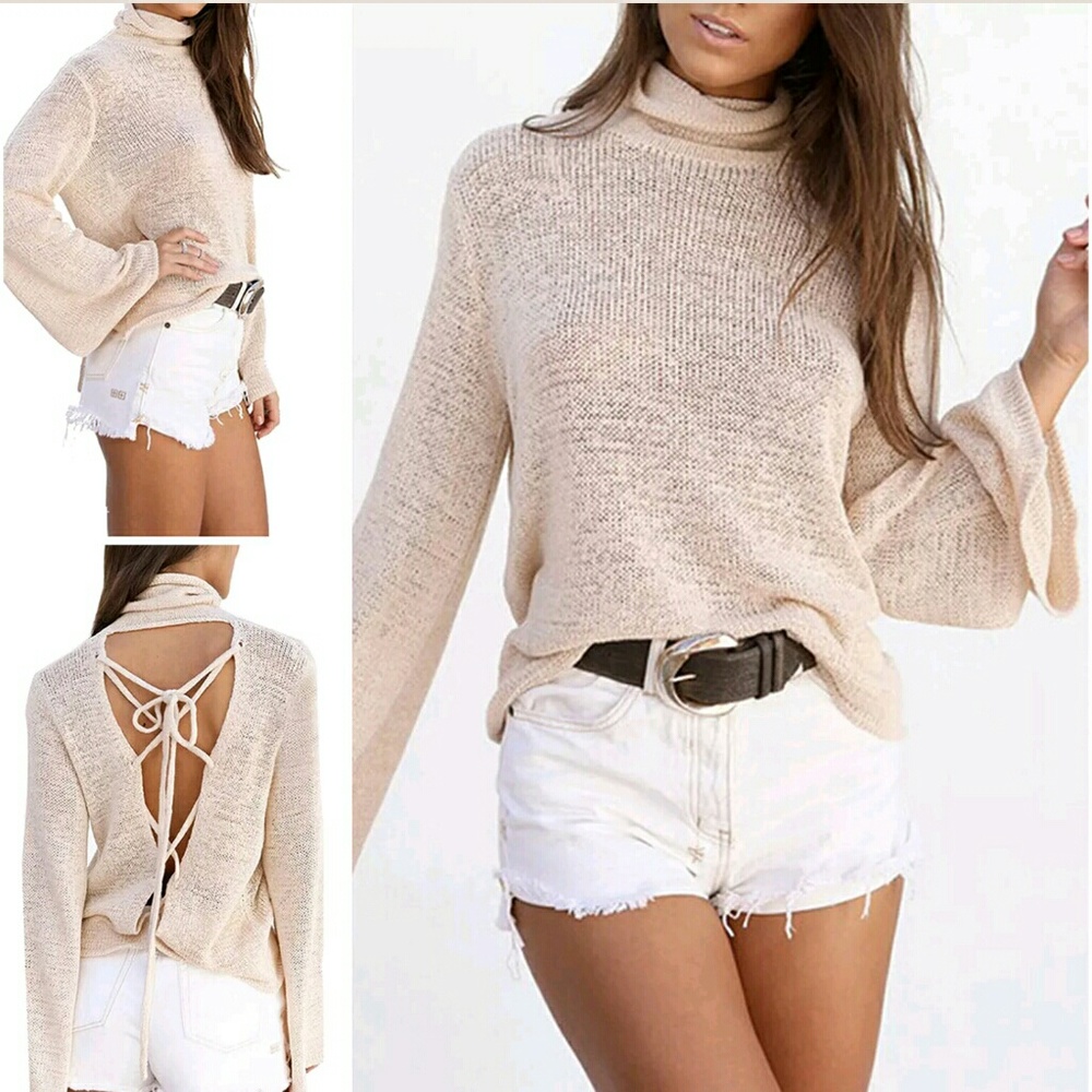 🌟NEW! Chic Bell Sleeve Lace Up Sweater BEIGE - Picture 6 of 6