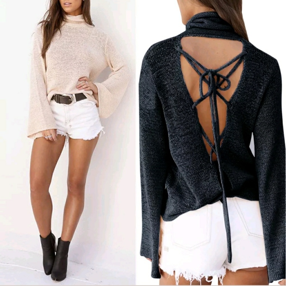 🌟NEW! Chic Bell Sleeve Lace Up Sweater BEIGE - Picture 4 of 6