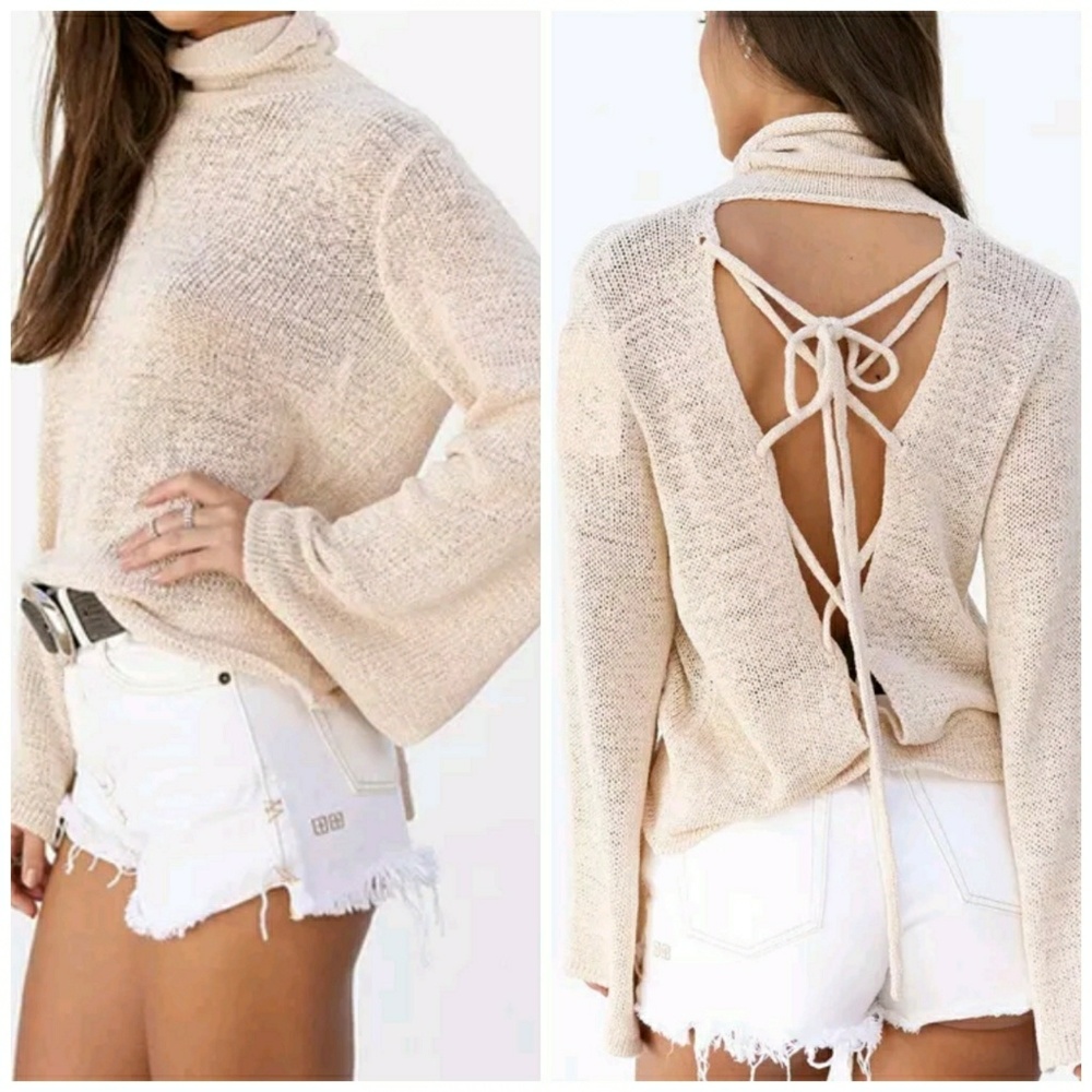 🌟NEW! Chic Bell Sleeve Lace Up Sweater BEIGE - Picture 2 of 6