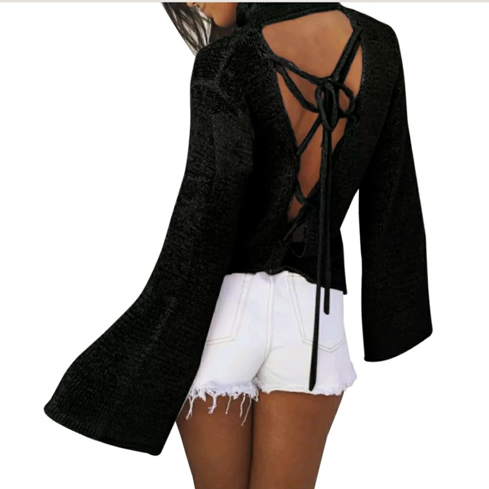 🌟NEW! Chic Bell Sleeve Lace Up Sweater BEIGE - Picture 5 of 6