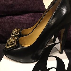 Nine West peep toe platforms with gold buckle