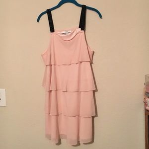 Layered, light pink dress, beaded traps.