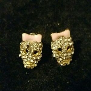 Rhinestone Skull Pink Bow Studs