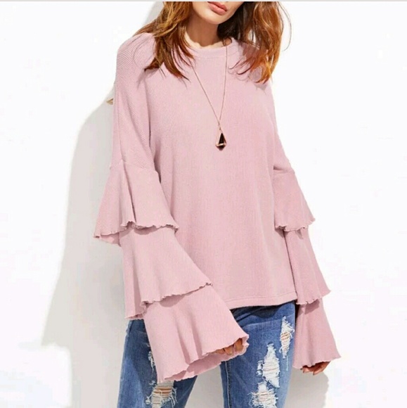 3X HP||🌟Pretty in Pink Ruffle Bell Sleeve Sweater - Picture 3 of 4