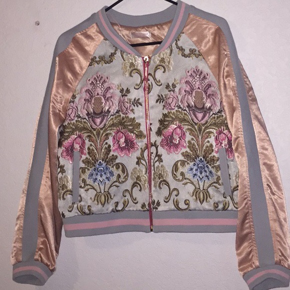 Velvet Pastel Embroidered Bomber Jacket