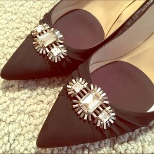 Jimmy Choo bejeweled black satin pumps