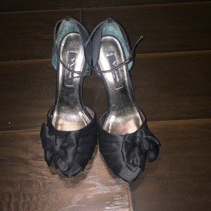 Black Satin Nina Peep Toe Heels