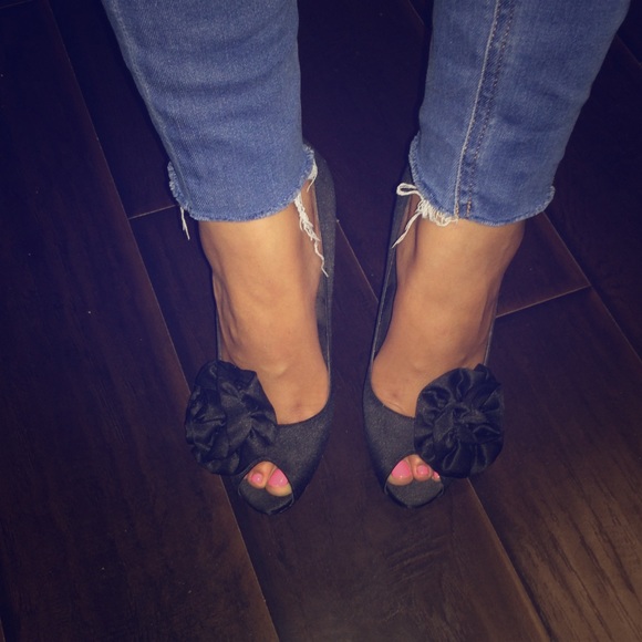Black Satin Nina Peep Toe Pumps