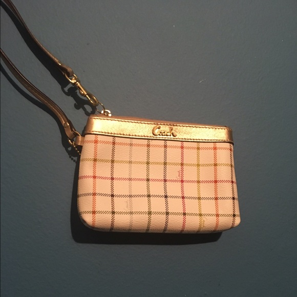 White Plaid Leather Coach Wristlet