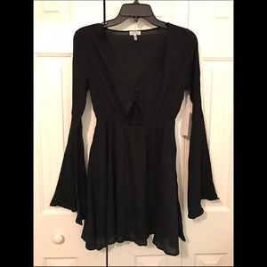 Black Bell Sleeve Dress with Front Cutout