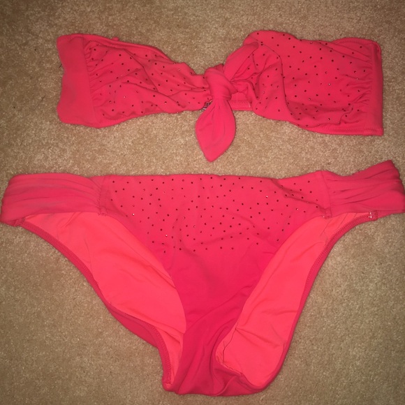 Coral red strapless vs bikini with rhinestones M