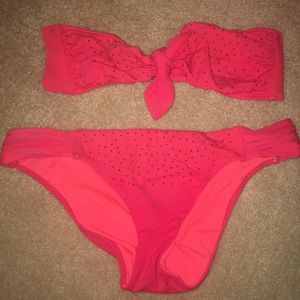 Coral red strapless vs bikini with rhinestones M