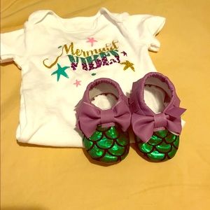 Baby mermaid moccasins and mermaid onesie 3-6 mth