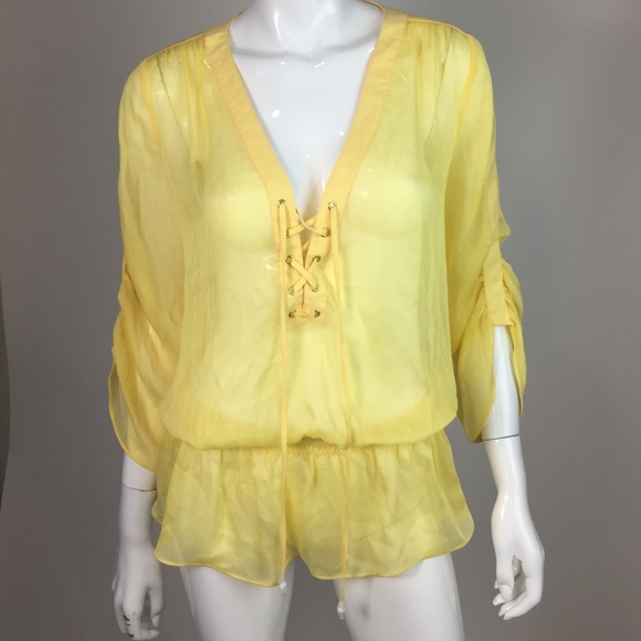 Caché Yellow Quarter Sleeve Blouse Size L NWT