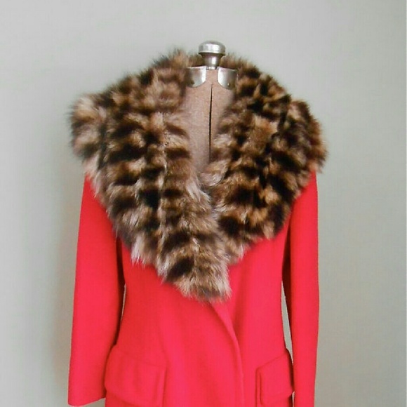 Vintage Raccoon Collar Red Wool Coat