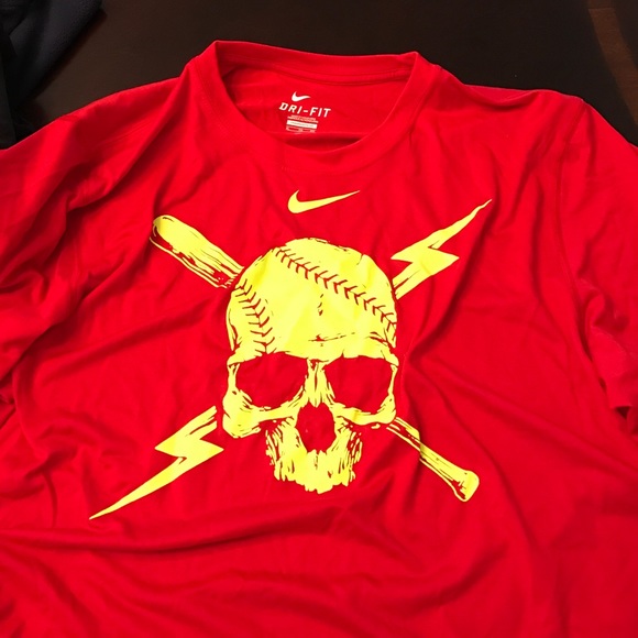 Red Nike dri-fit skull baseball/softball shirt