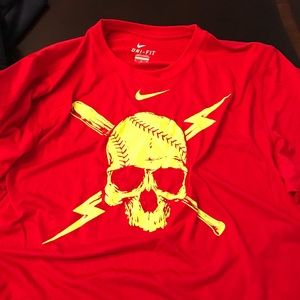 Red Nike dri-fit skull baseball/softball shirt