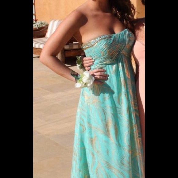 Turquoise prom dress with gold accents