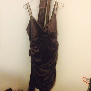 Black satin dress with silver straps