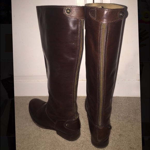 Dark brown leather frye boot.
