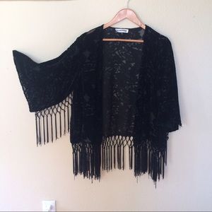 Fringed black velvet shawl