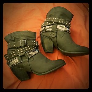 Gray booties with rhinestone straps