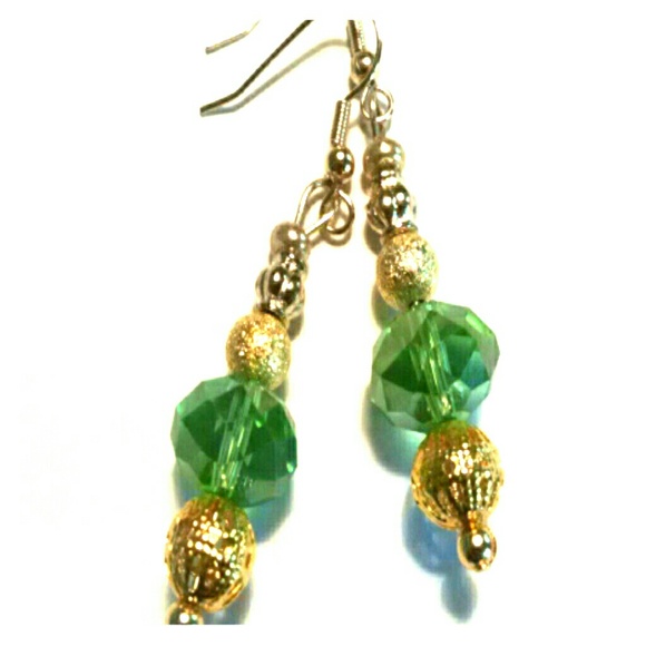 Green Crystal & Gold Drop Earrings Victorian - Picture 1 of 4