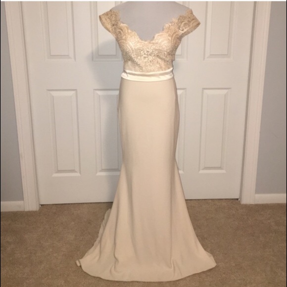 Champagne lace off shoulder dress with train