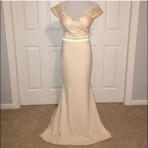 Champagne lace off shoulder dress with train