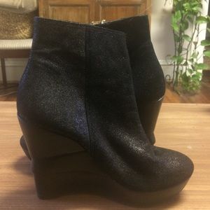 DVF ankle bootie black sparkle exposed gold zipper